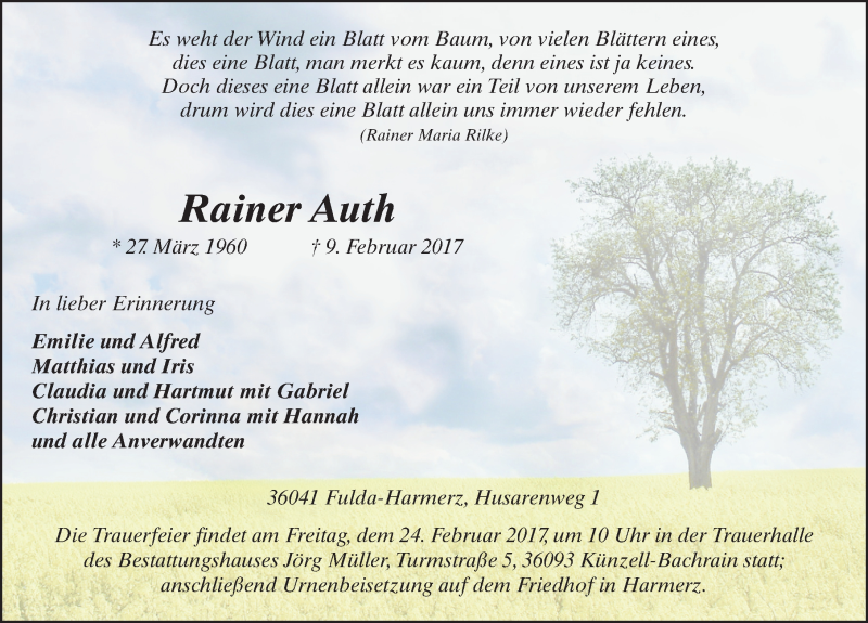  Traueranzeige für Rainer Auth vom 17.02.2017 aus 