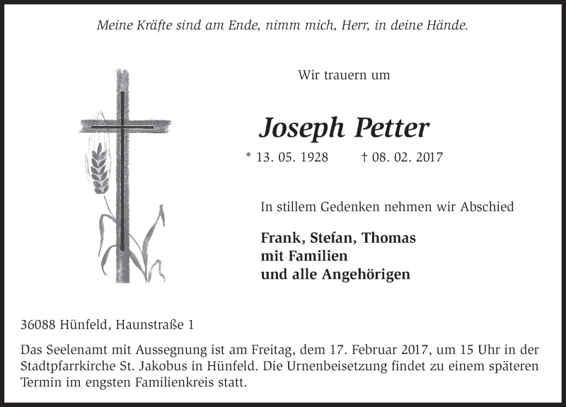  Traueranzeige für Joseph Petter vom 15.02.2017 aus 