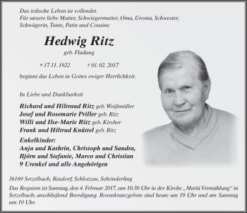 Traueranzeige von Hedwig Ritz 