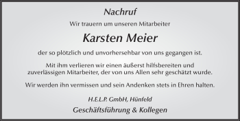 Traueranzeige von Karsten Meier 