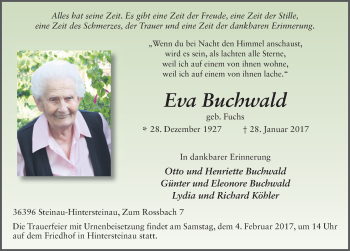 Traueranzeige von Eva Buchwald 