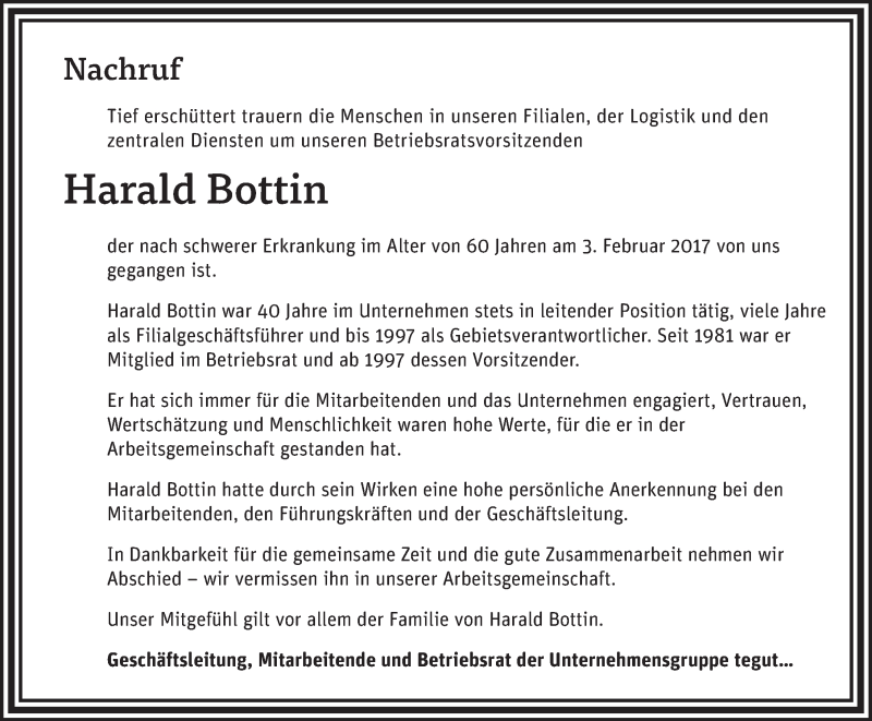  Traueranzeige für Harald Bottin vom 13.02.2017 aus 