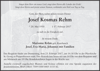 Traueranzeige von Josef Kosmas Rehm 