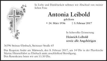 Traueranzeige von Antonia Leibold 