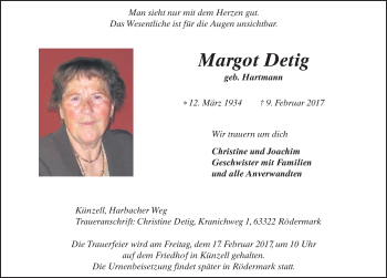 Traueranzeige von Margot Detig 