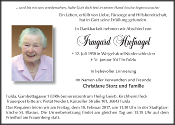 Traueranzeige von Irmgard Hufnagel 