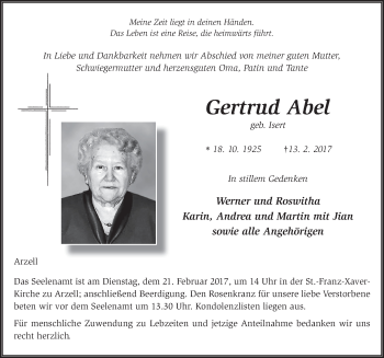 Traueranzeige von Gertrud Abel 