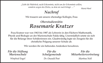 Traueranzeige von Rosemarie Kratzer 
