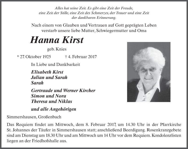  Traueranzeige für Hanna Kirst vom 07.02.2017 aus 