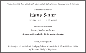 Traueranzeige von Hans Sauer 