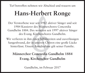 Traueranzeige von Hans-Herbert Ronge 