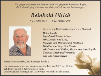 Traueranzeige von Reinhold Ulrich 