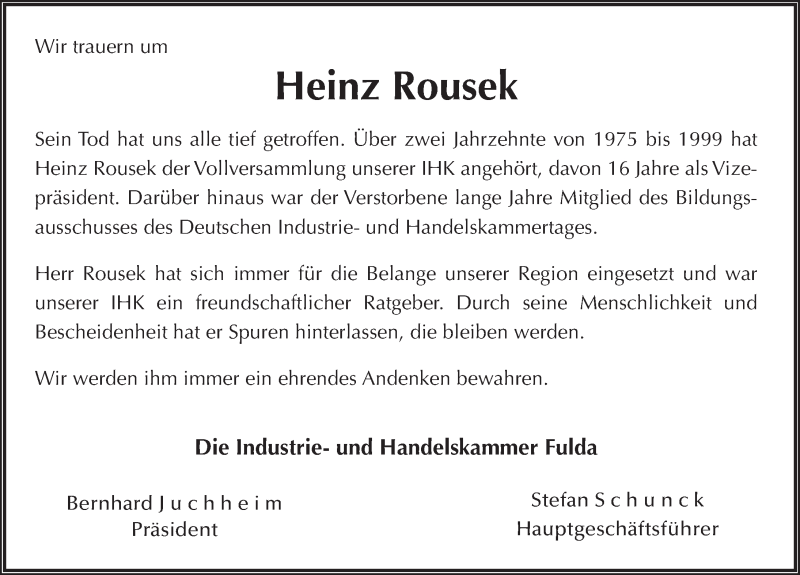 Traueranzeige für Heinz Rousek vom 25.02.2017 aus 