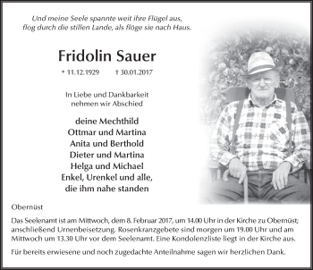 Traueranzeige von Fridolin Sauer 