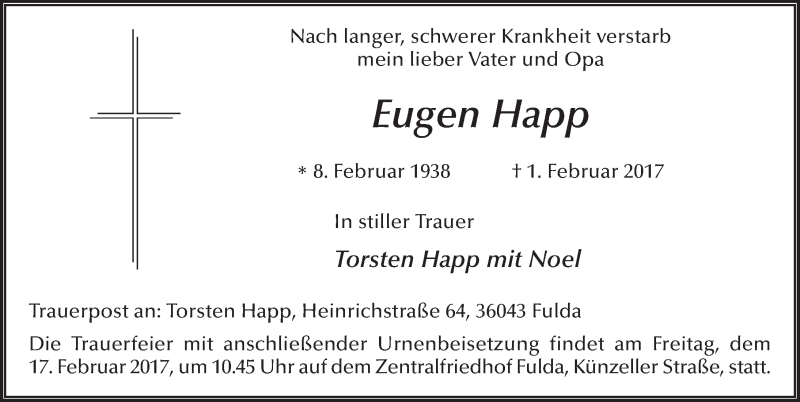  Traueranzeige für Eugen Happ vom 11.02.2017 aus 