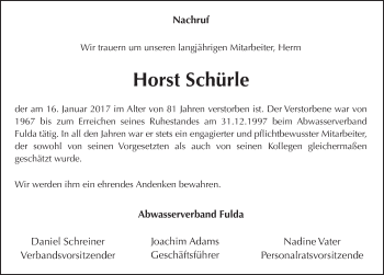 Traueranzeige von Horst Schürle 