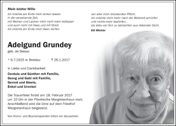 Traueranzeige von Adelgund Grundey 