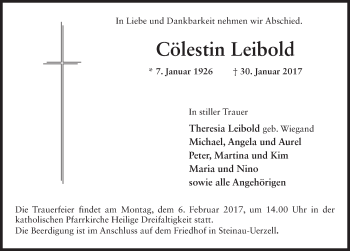 Traueranzeige von Cölestin Leibold 