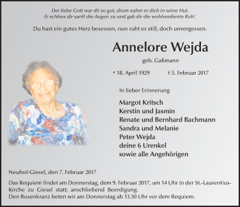 Traueranzeige von Annelore Wejda 