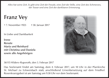 Traueranzeige von Franz Vey 