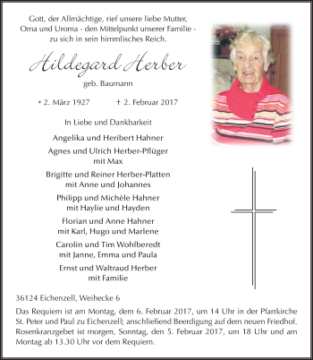 Traueranzeige von Hildegard Herber 
