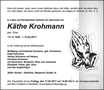 Traueranzeige von Käthe Krohmann 
