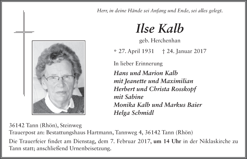  Traueranzeige für Ilse Kalb vom 03.02.2017 aus 