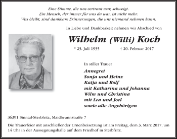 Traueranzeige von Wilhelm Koch 