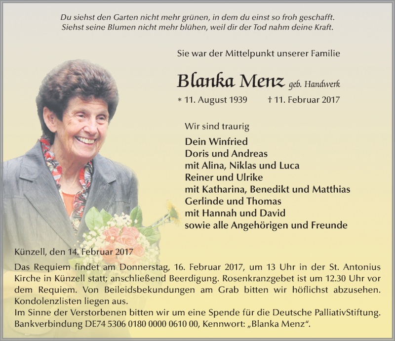  Traueranzeige für Blanka Menz vom 14.02.2017 aus 