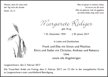 Traueranzeige von Margarete Rödiger 