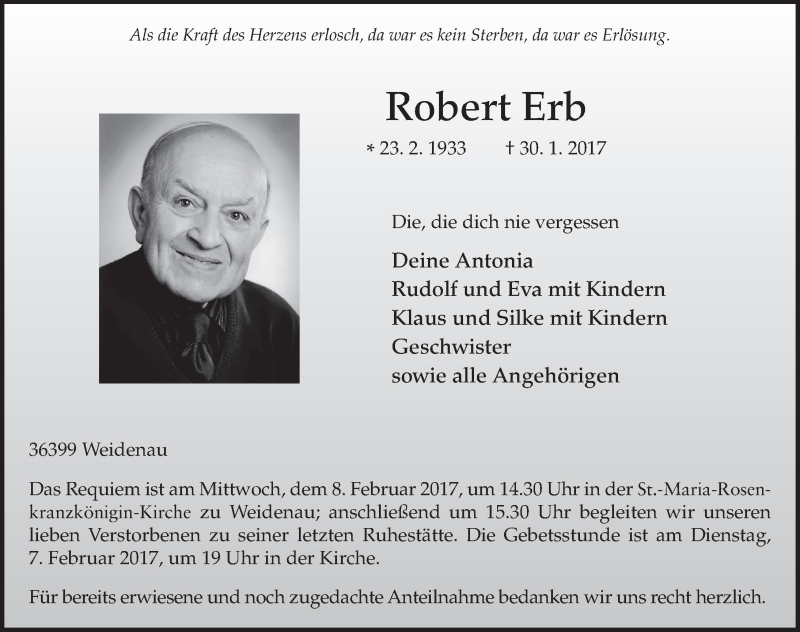  Traueranzeige für Robert Erb vom 04.02.2017 aus 