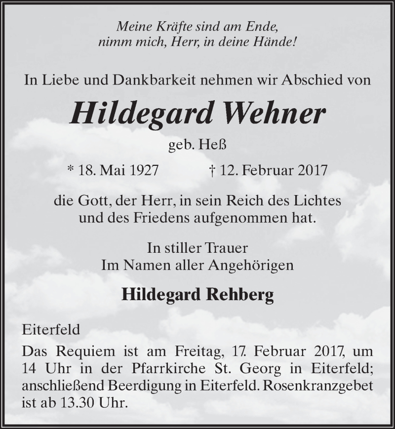 Traueranzeige für Hildegard Wehner vom 15.02.2017 aus 