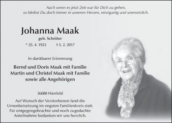 Traueranzeige von Johanna Maak 