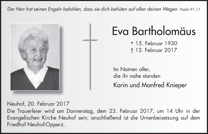  Traueranzeige für Eva Bartholomäus vom 20.02.2017 aus 