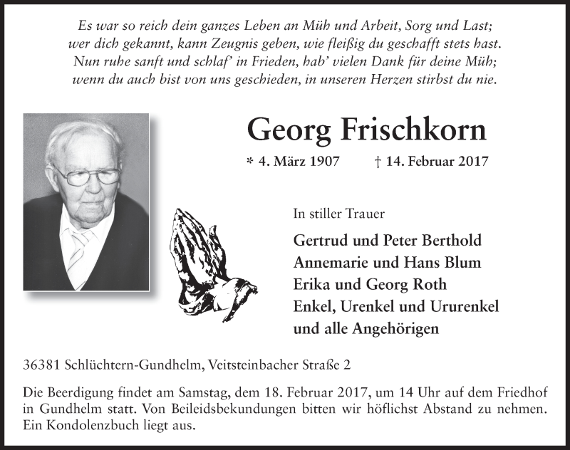  Traueranzeige für Georg Frischkorn vom 16.02.2017 aus 