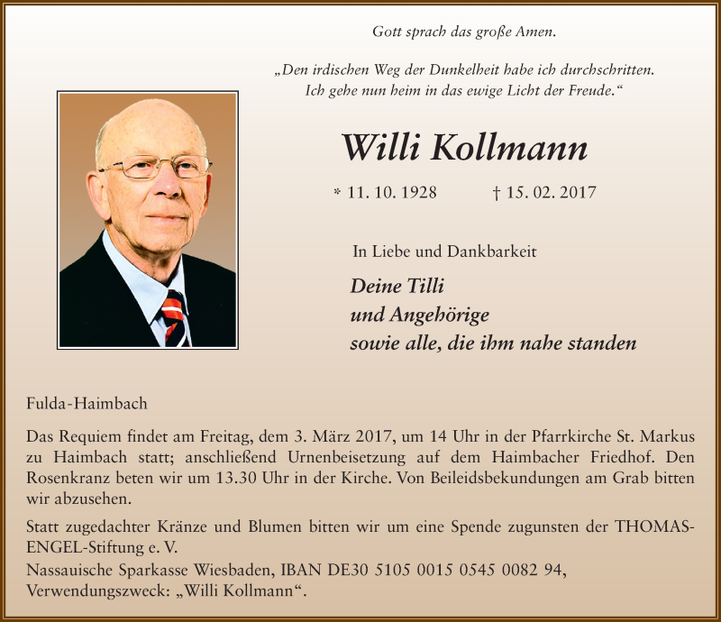  Traueranzeige für Willi Kollmann vom 25.02.2017 aus 