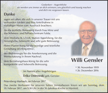 Traueranzeige von Willi Gensler 