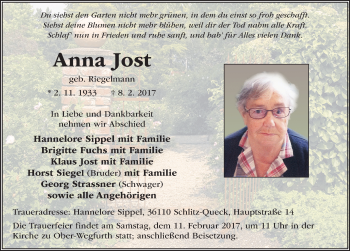 Traueranzeige von Anna Jost 
