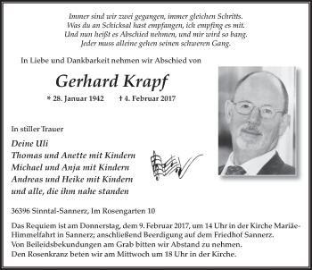Traueranzeige von Gerhard Krapf 