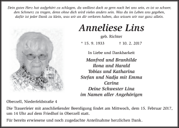 Traueranzeige von Anneliese Lins 