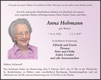 Traueranzeige von Anna Hohmann 
