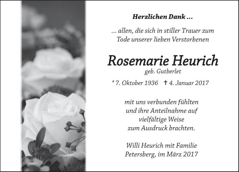  Traueranzeige für Rosemarie Heurich vom 11.03.2017 aus 