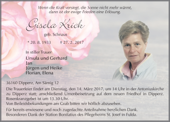 Traueranzeige von Gisela Krick 