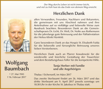 Traueranzeige von Wolfgang Baumbach 