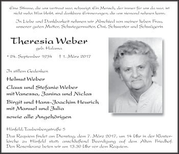 Traueranzeige von Theresia Weber 