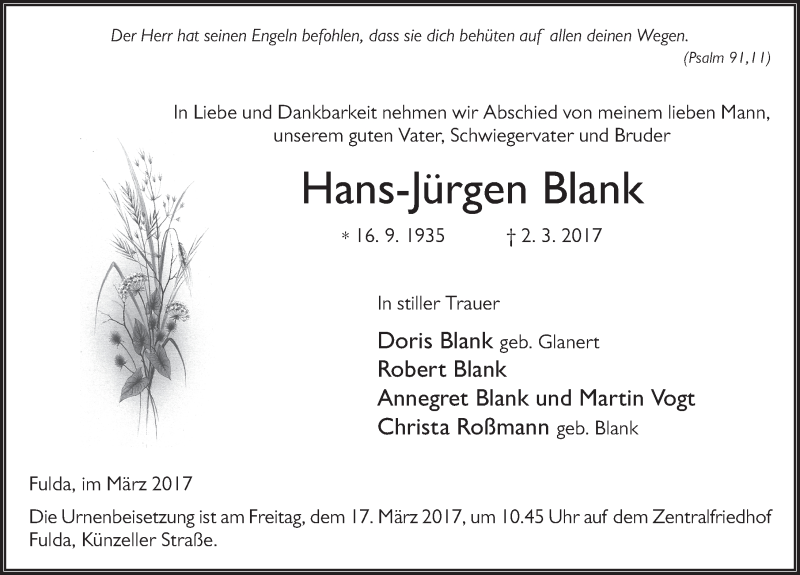  Traueranzeige für Hans-Jürgen Blank vom 11.03.2017 aus 