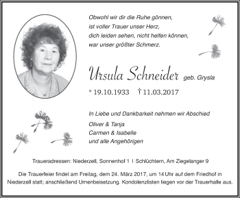 Traueranzeige von Ursula Schneider 