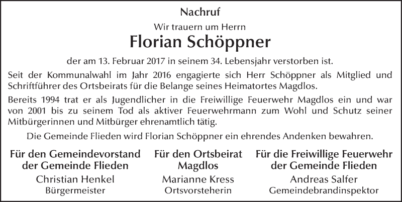  Traueranzeige für Florian Schöppner vom 29.03.2017 aus 