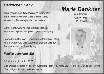 Traueranzeige von Maria Benkner 