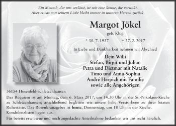 Traueranzeige von Margot Jökel 